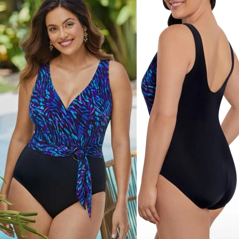 Longitude Women's Size 10 Painted‎ Safari Belted Surplice One Piece Swimsuit